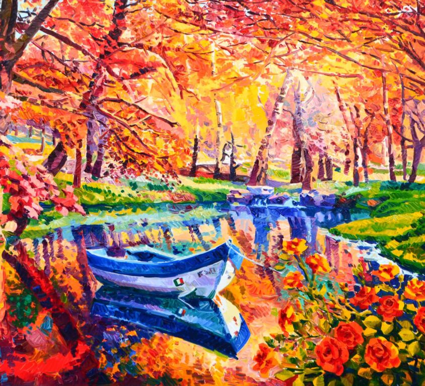 La luce si riflette sul lago e sulle rose d’autunno